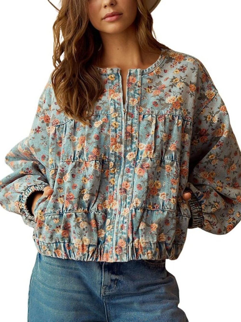 Trendy Oversized Floral Denim Jacket for Women - Fall Zip Style, Casual Chic